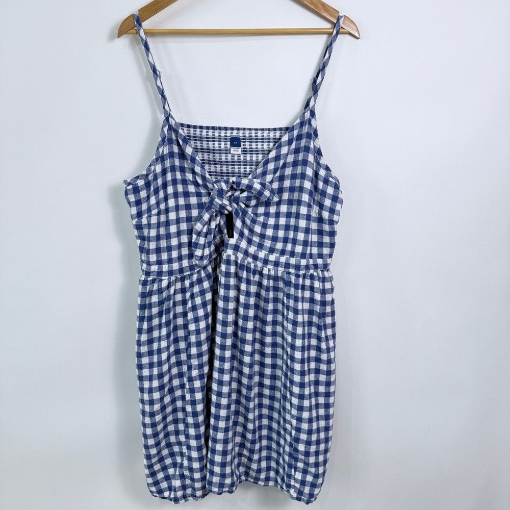 Old Navy Mini Cami Dress Sz 3X Linen Blend Tie Front Smocked Blue White Gingham