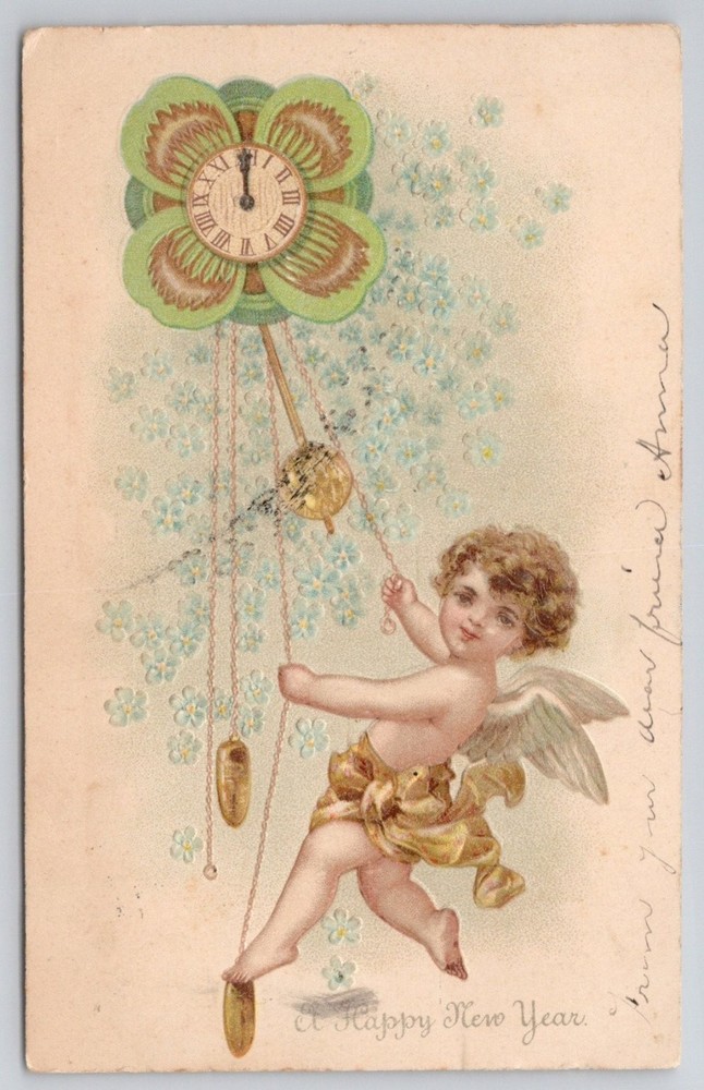 1907 Embossed New Year Postcard Cherub Clover Clock Delhi PA Postmark