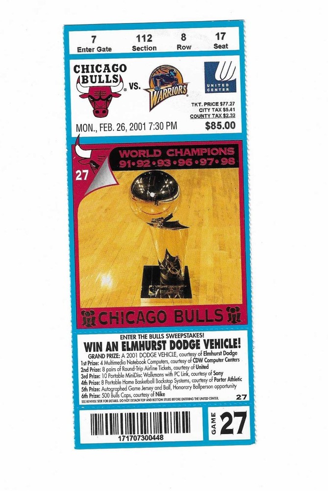 Chicago Bulls vs Golden State Warriors Unused Basketball Ticket from 2/26/2001