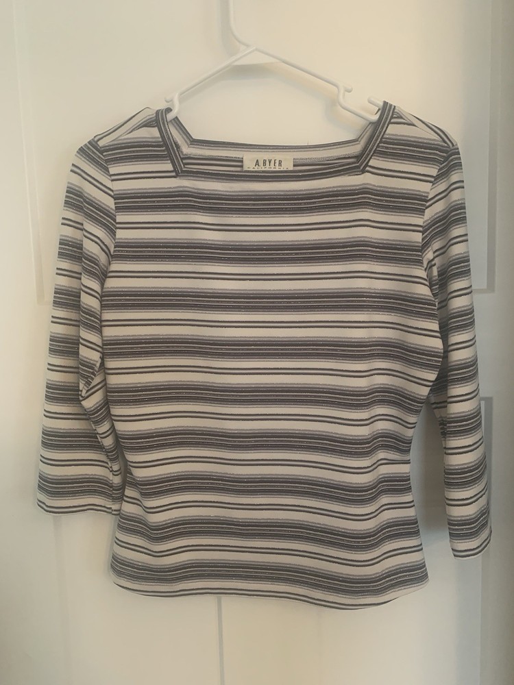 Vintage A. Byer Black & White Striped Top Large Stretch 3/4 Sleeve Blouse