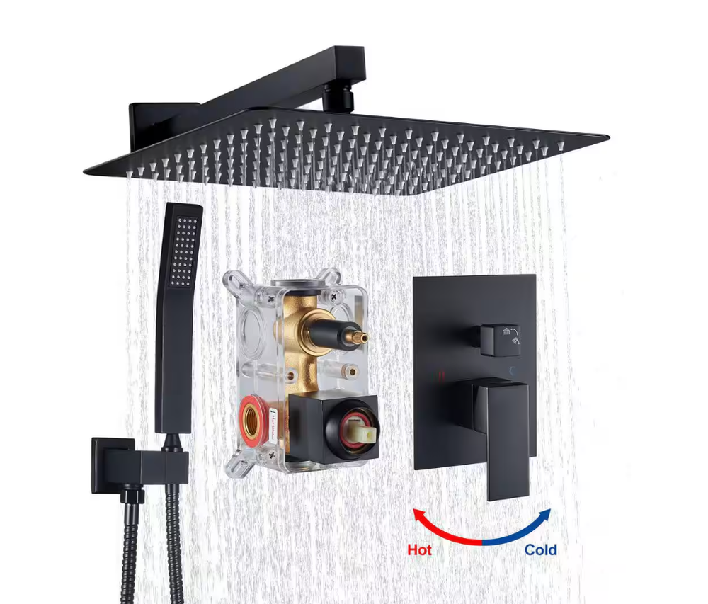 Matte Black Square Single-Handle Shower Faucet with Valve