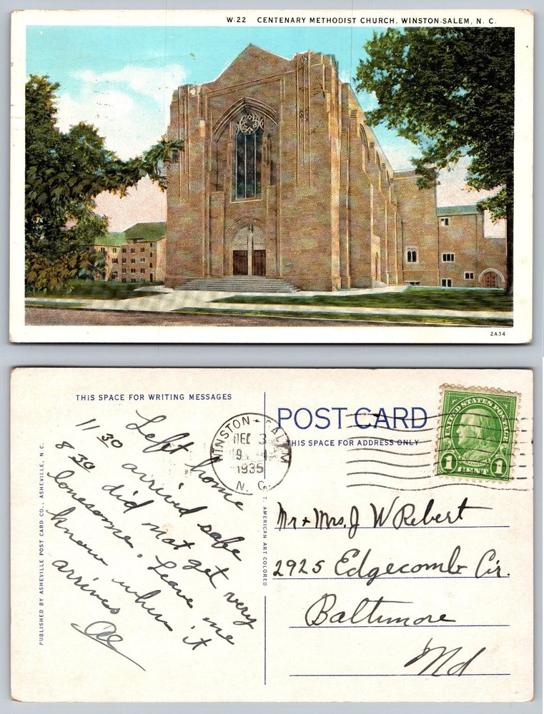 1935 Centenary Methodist Church Winston-Salem NC Postcard Posted