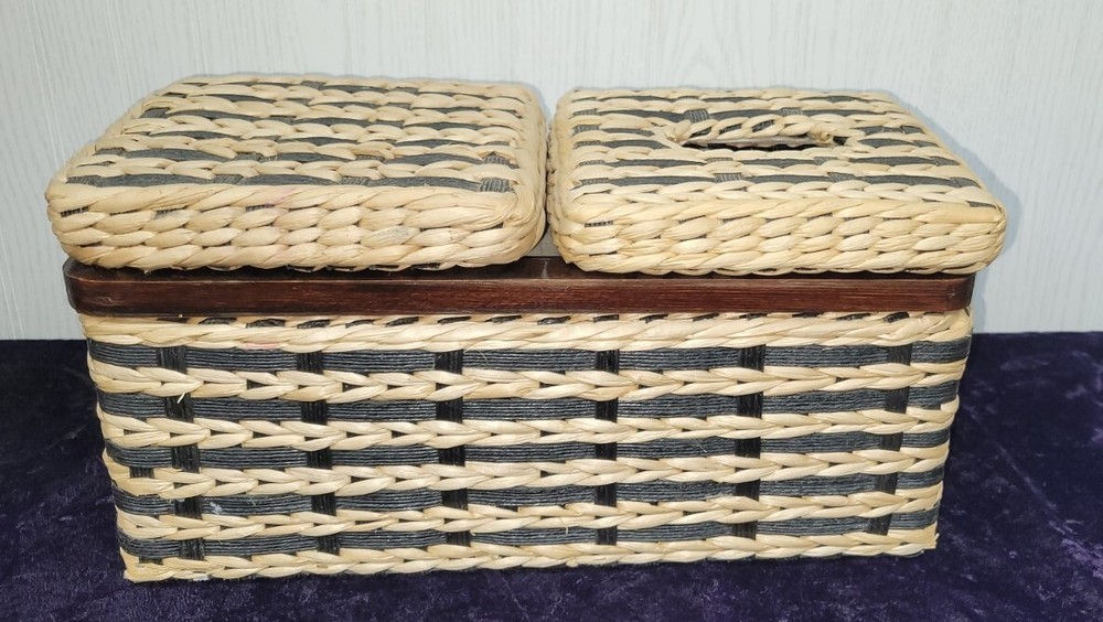 Vintage 1980s Wicker and Wood Bathroom Tissue Holder with Storage Compartment
