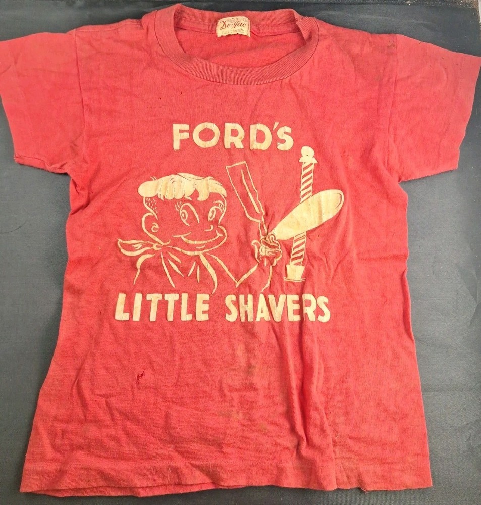 Vtg 1950's FORD'S LITTLE SHAVERS De-Jac T Shirt Barber Shop Racing Car Ad *2FB