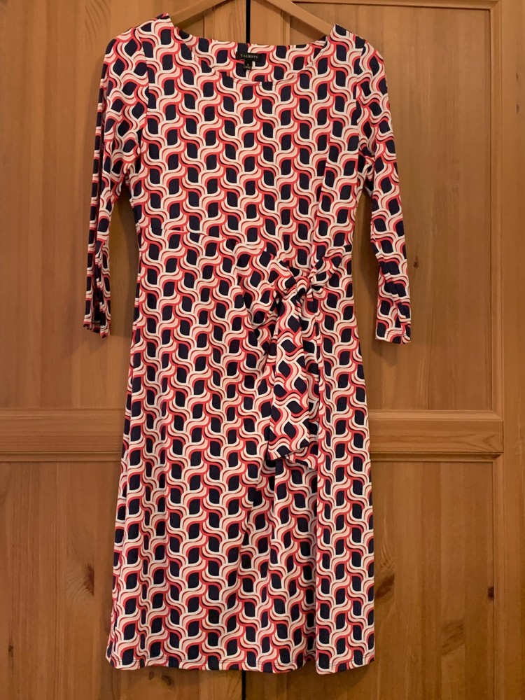 Talbots Geometric Pattern Blue, White, Red and Pink Sheath Dress with Side Tie