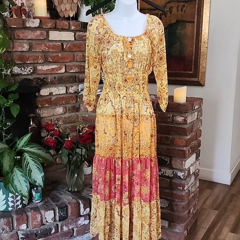 Fig and Flower Anthro Boho Long Sleeve Floral Ruffled Dress - Yellow and Red