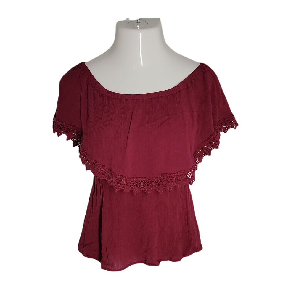 Cute Off Shoulder Burgundy Blouse Top - Size M Short Sleeve