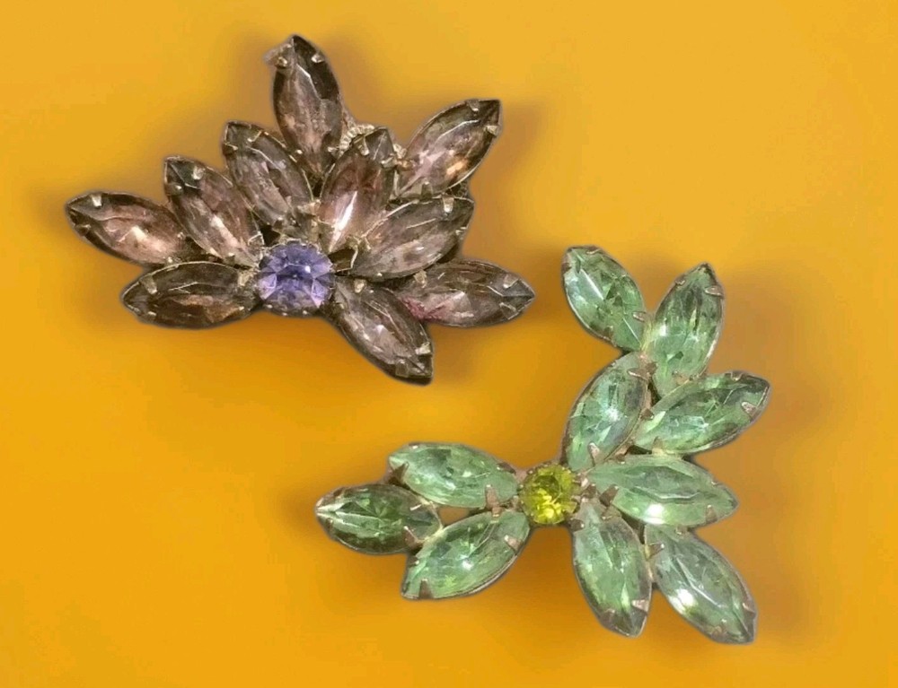 Vintage Sm. Purple & Green Marquise & Round Rhinestones Brooch Pin Lot Unsigned
