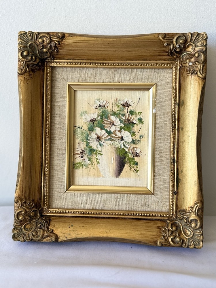 Vintage Original  Blue Floral Oil/ Board Painting W/Ornate Gold Frame 9”x8”
