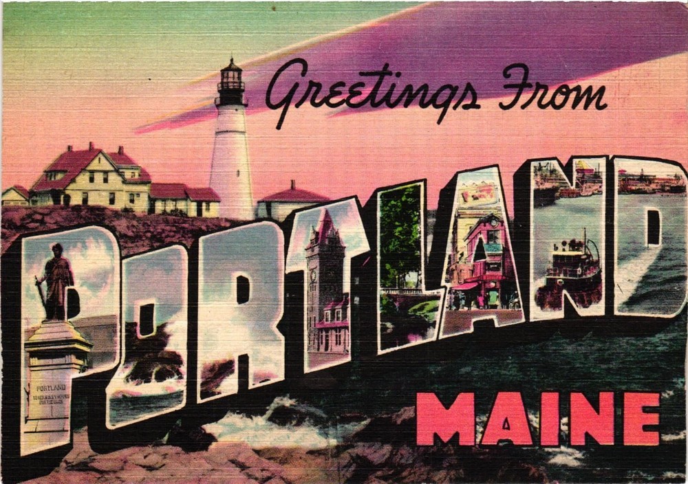 Greetings From Portland Maine Large Letter Lighthouse Linen Postcard