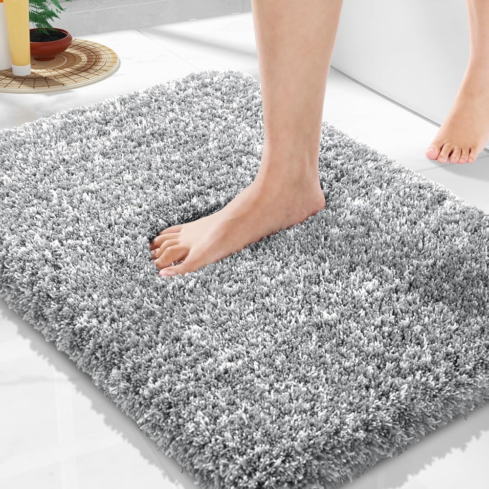 Yimobra Bathroom Rugs Non Slip Washable 24x17, 17 x 24, Light Gray and White