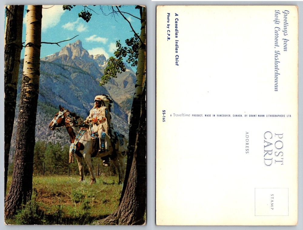 Vintage Canadian Indian Chief on Horse Postcard - CPR Photo Traveltime