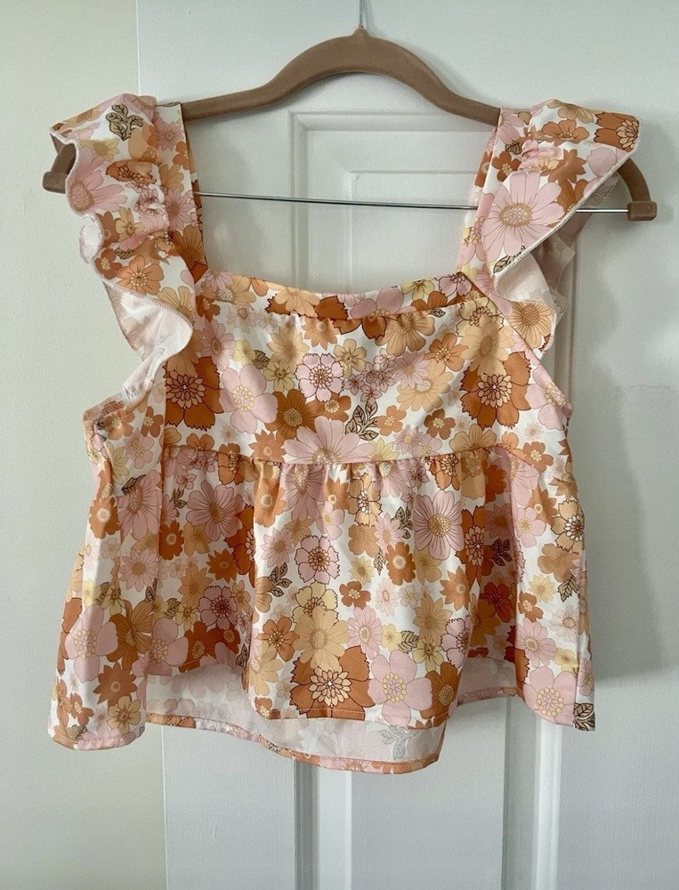 Women’s Floral Crop Top XS Pink Orange Ruffle Cottagecore Boho