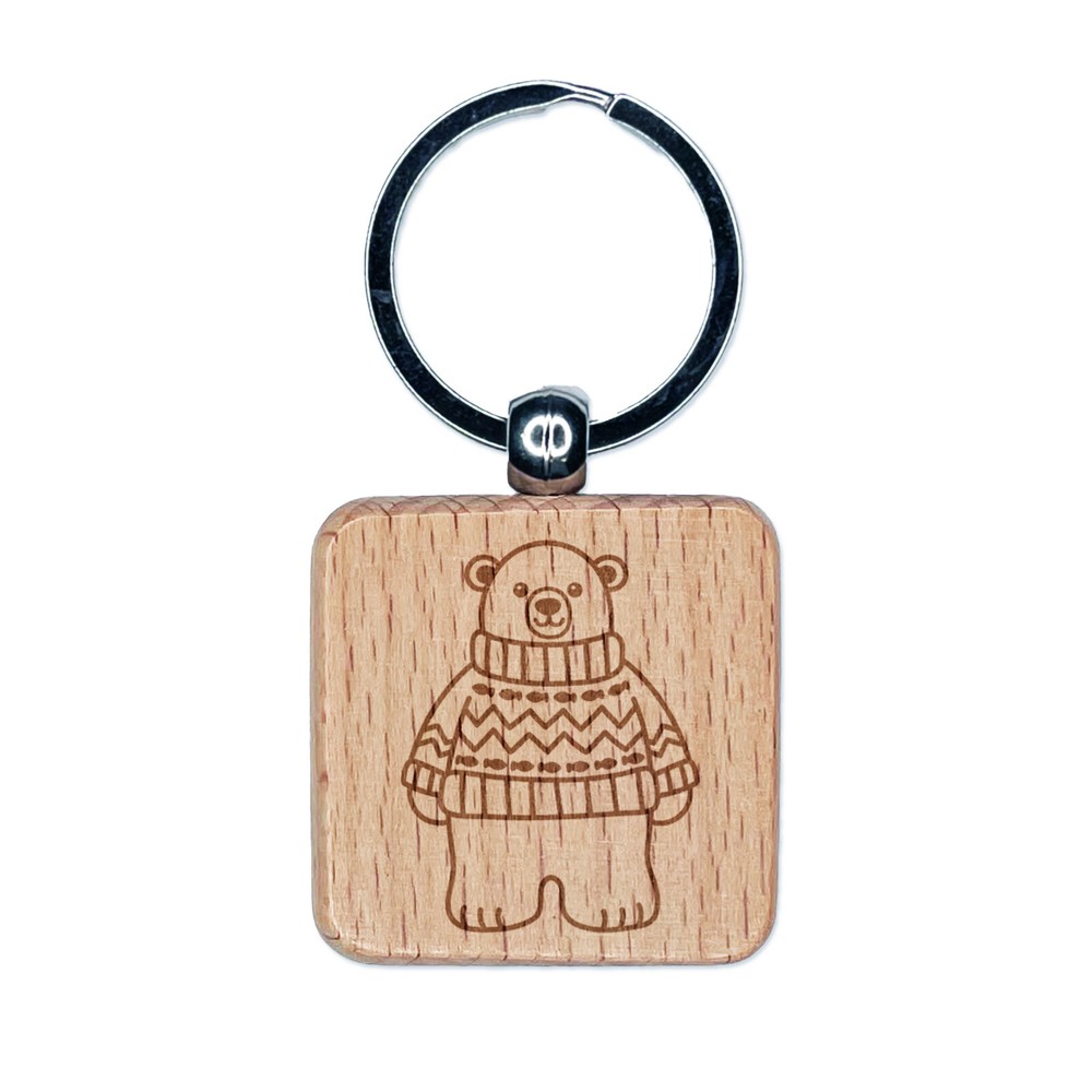 Polar Bear in Sweater Engraved Wood Square Keychain Tag Charm
