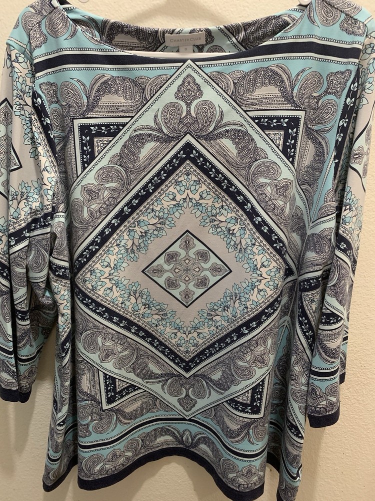 Charter Club Women’s Top Grey/blue  With Diamond Design Sz 1x W/long Sleeves
