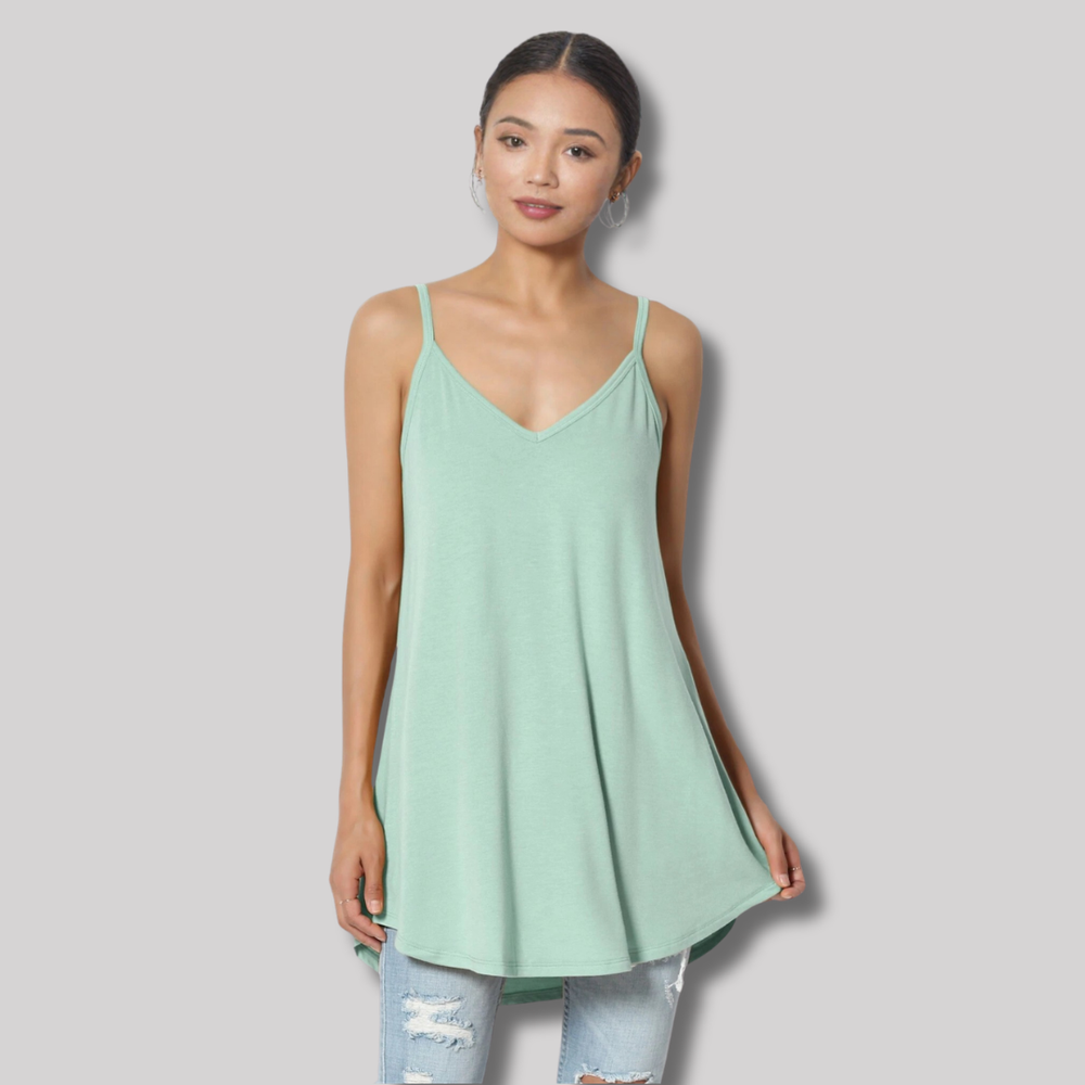 Dusty Green Reversible V Scoop Neck Spaghetti Strap Long Loose Cami Tank Top
