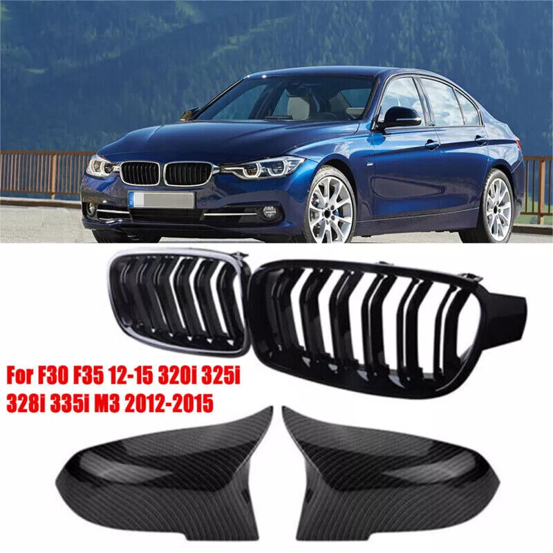 Side Mirror Cover Cap + Front Kidney Grille For BMW F30 F31 2012-18 320i 328i