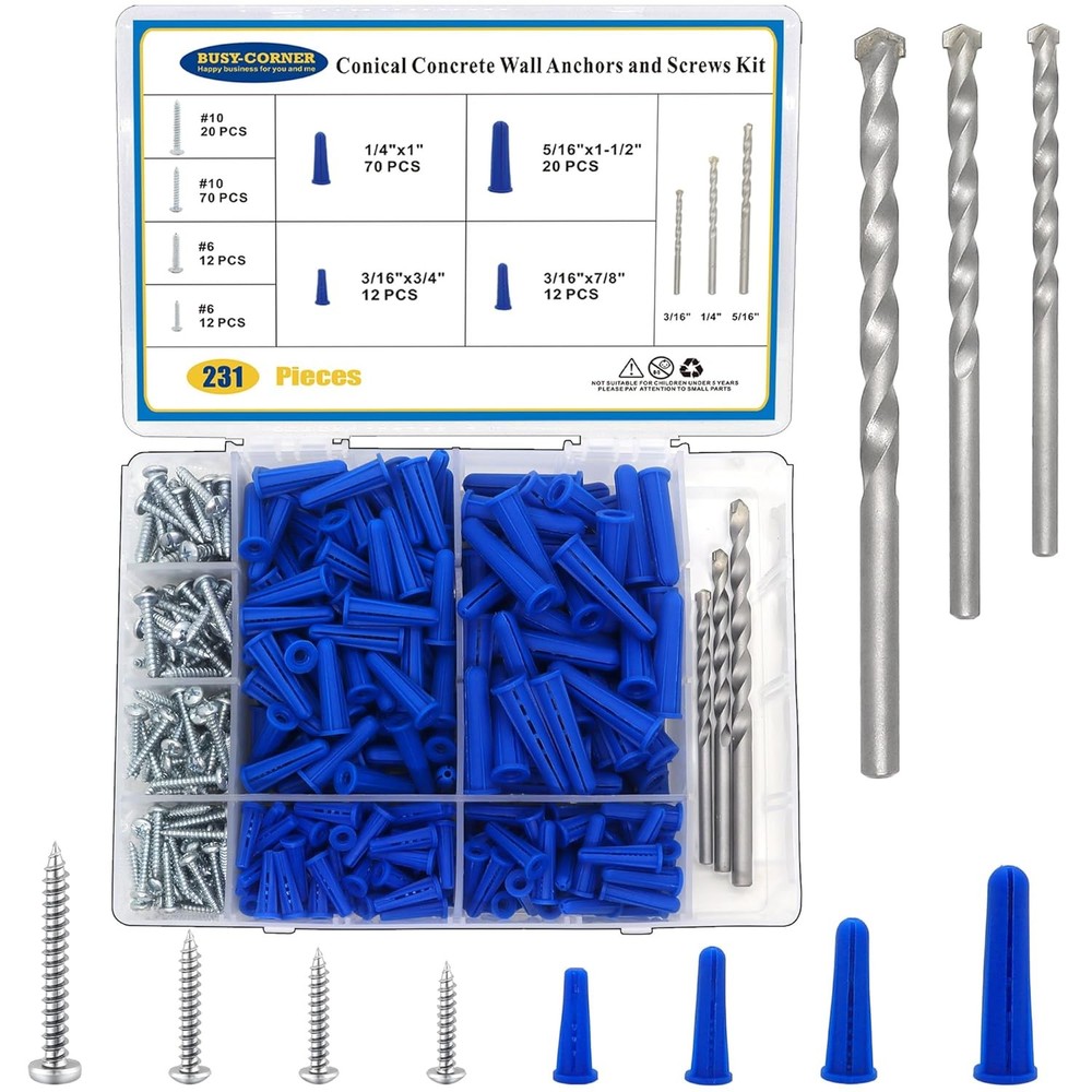 Conical Concrete Wall Anchors and Screws Assortment Kit, 228 4 Sizes, Blue