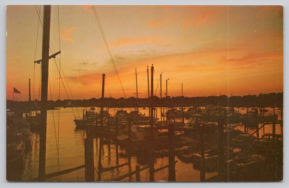 Vintage Postcard Cape Cod Mass Sunset Marina Boats Hyannis MA