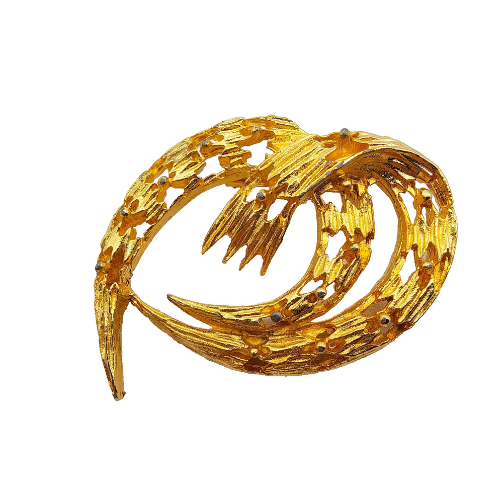 Vintage Abstract Feather Swirl Brooch Gold Tone Modernist Brutalist Mob Wife