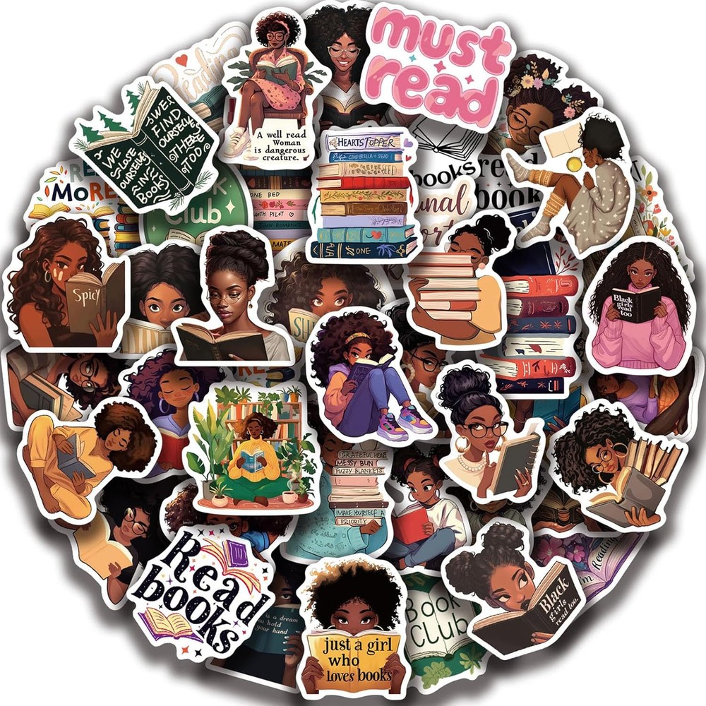 50 Pcs Black Girls Bookish Stickers for Kindle,Bookworm Reading Colorful