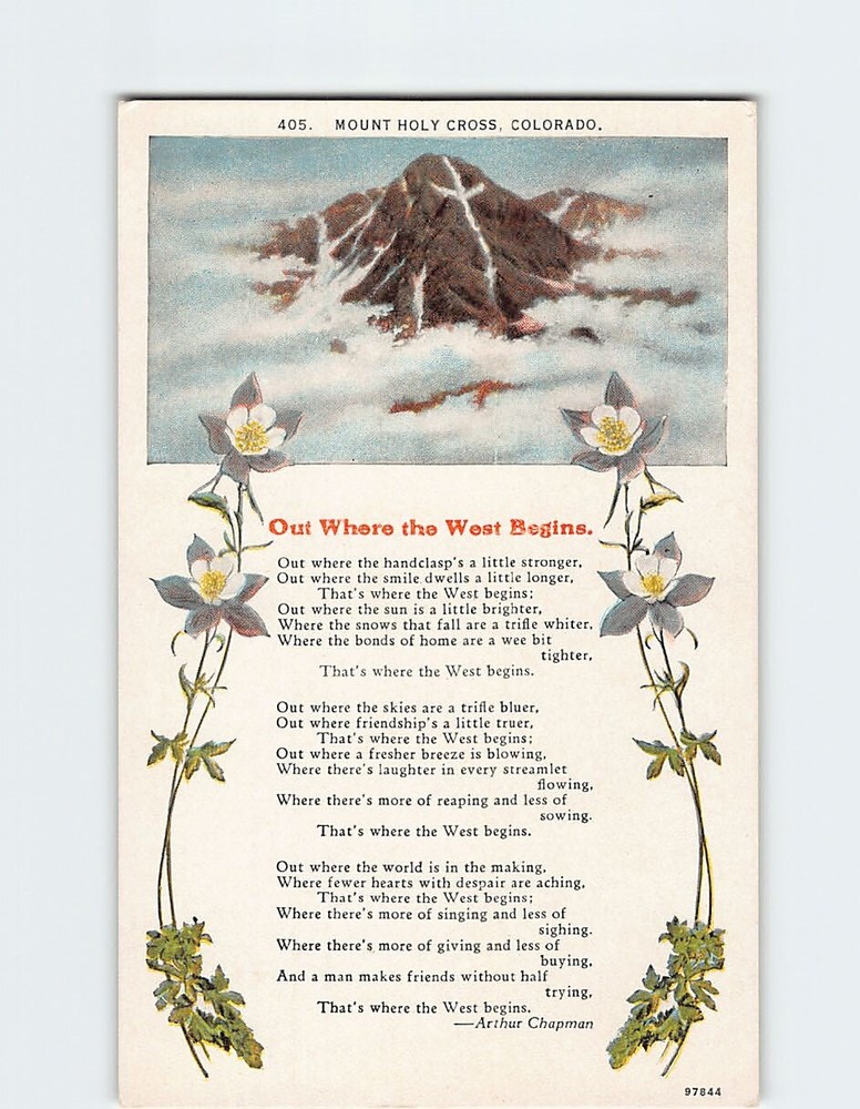 Postcard Out Where the West Begins Poem by A. Chapman & Mt. Holy Cross Colorado