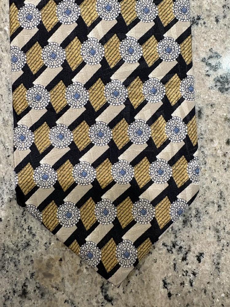 CANALI Milano 100% Silk Tie Black, Blue, Gold Geometric Made In Italy