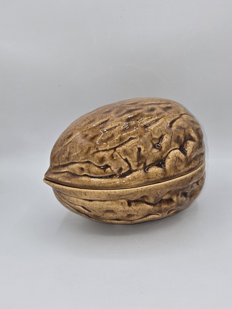 Vintage Ceramic Walnut Shaped Snack Candy Nut Dish With Lid