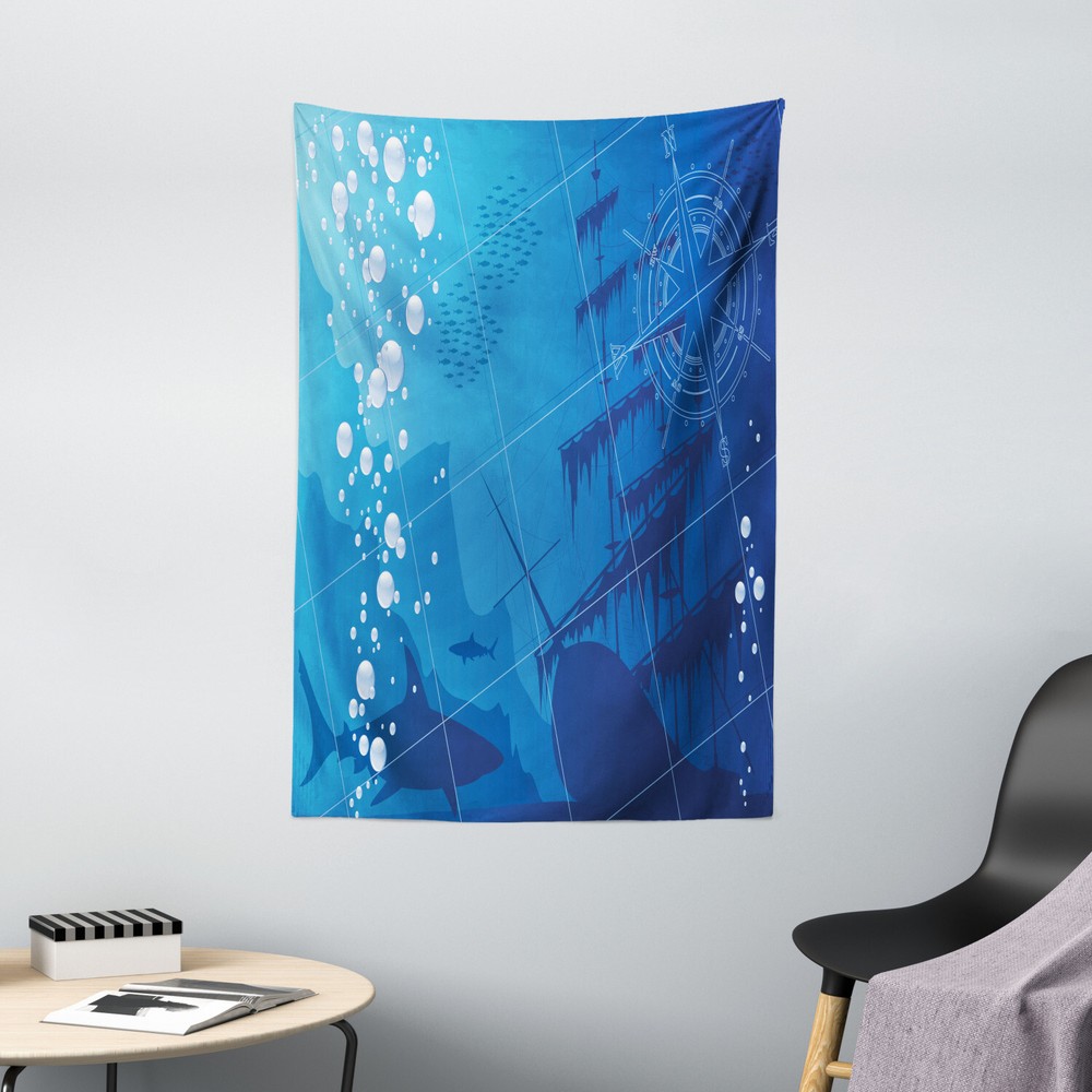 Underwater Tapestry Sharks Ship Compass Print Wall Hanging Decor