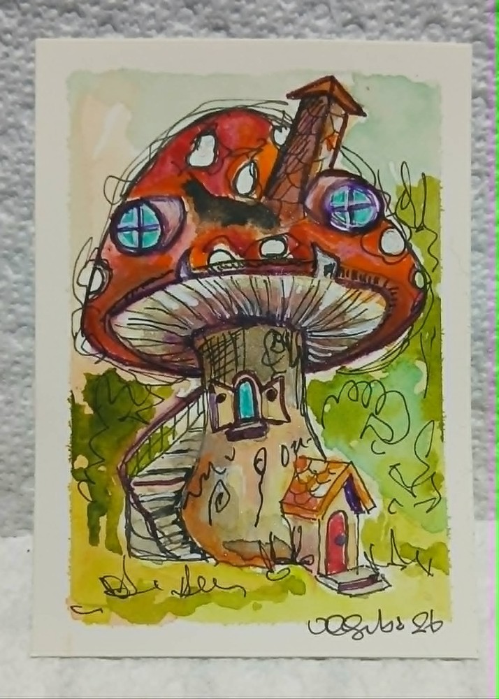 OOAK Watercolor ACEO Enchanted Redcap Mushroom House Naive Outsider Art Virginia