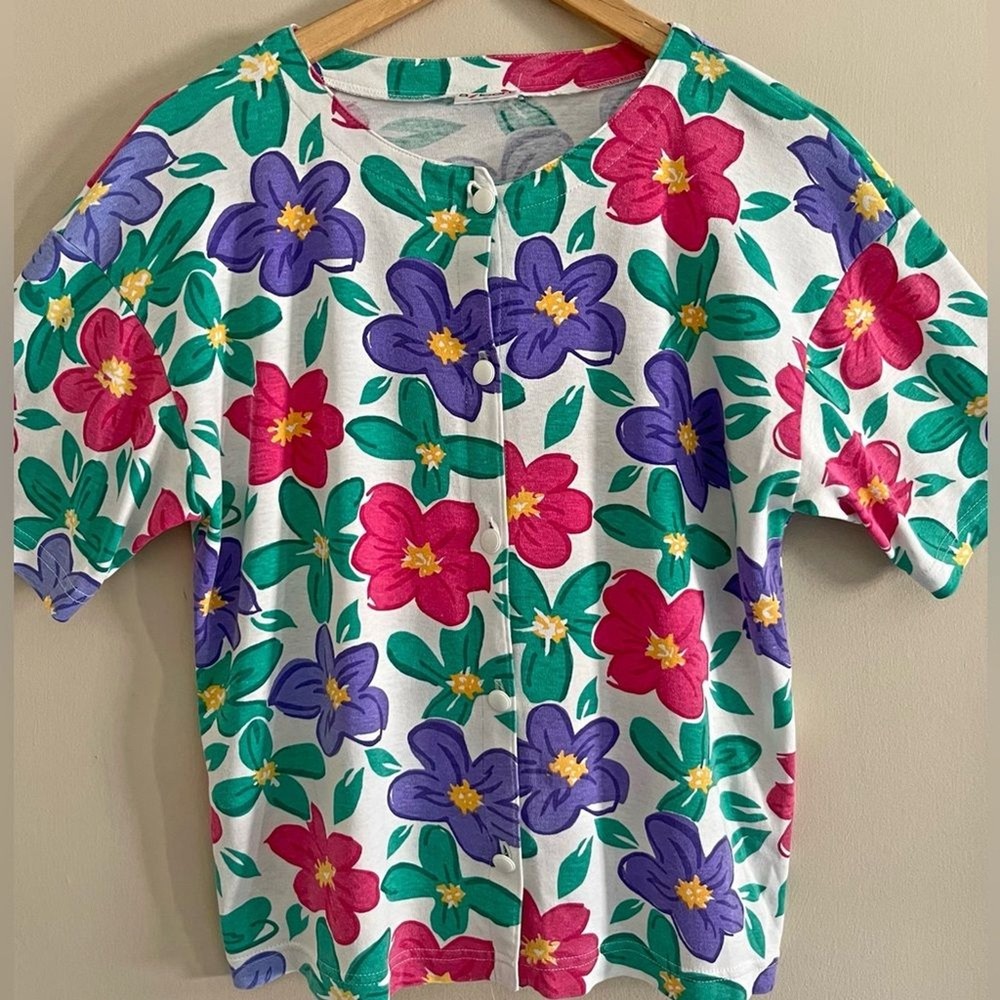 Vintage Aileen USA Floral Button Shirt M 80s 90s Cotton Cottagecore Top