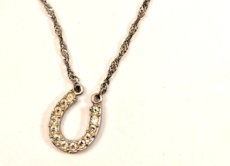Vintage Silver Tone Rhinestone Horseshoe Station Pendant  Necklace