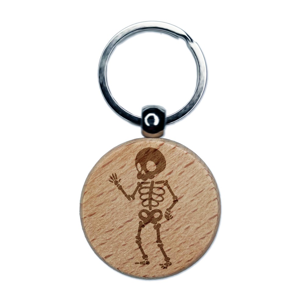 Cute Skeleton Waving Engraved Wood Round Keychain Tag Charm