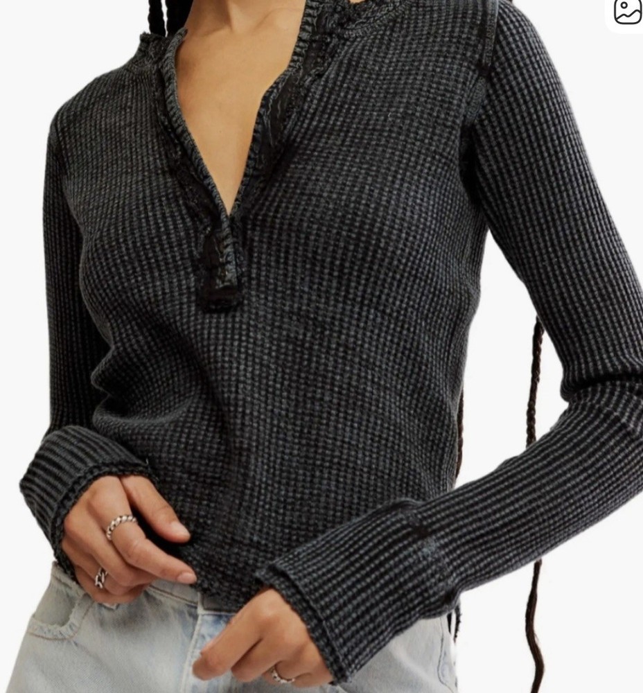 Free People Colt Thermal Top Womens Large  Henley Waffle Knit Boho FP One Black