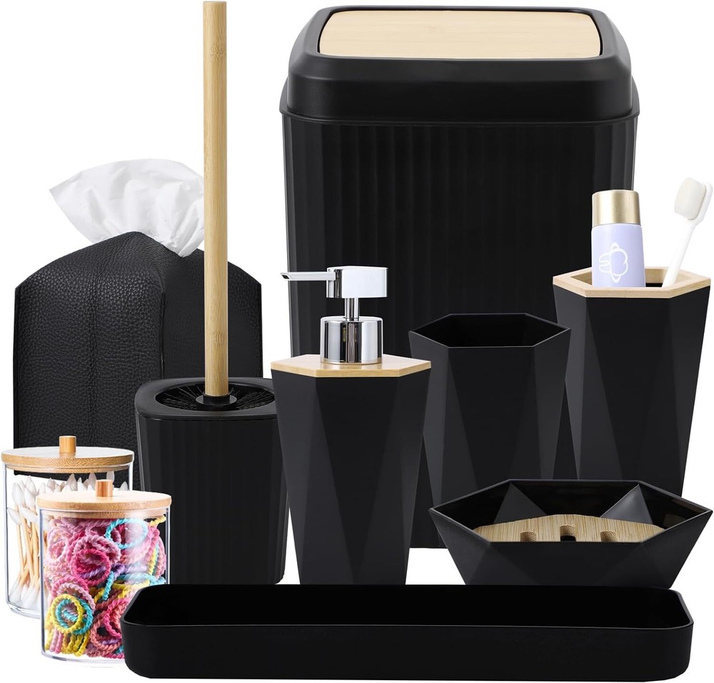 Black Bathroom Accessories Set 10Pcs Complete - Bamboo Lid Trash Can,