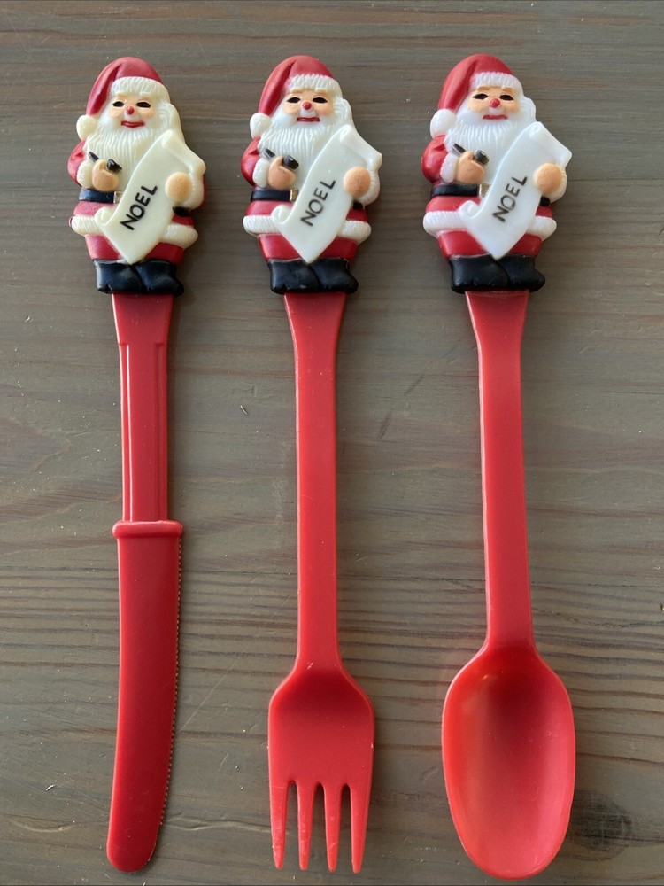 Vintage Christmas Santa Plastic Kids Cutlery Fork Spoon Knife