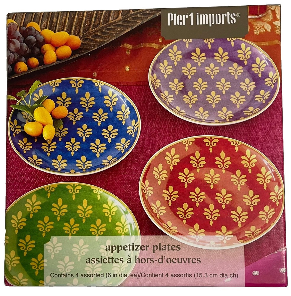 Pier 1 Imports LaFleur 4-Pc Porcelain Appetizer Plates Mardi Gras Colors  