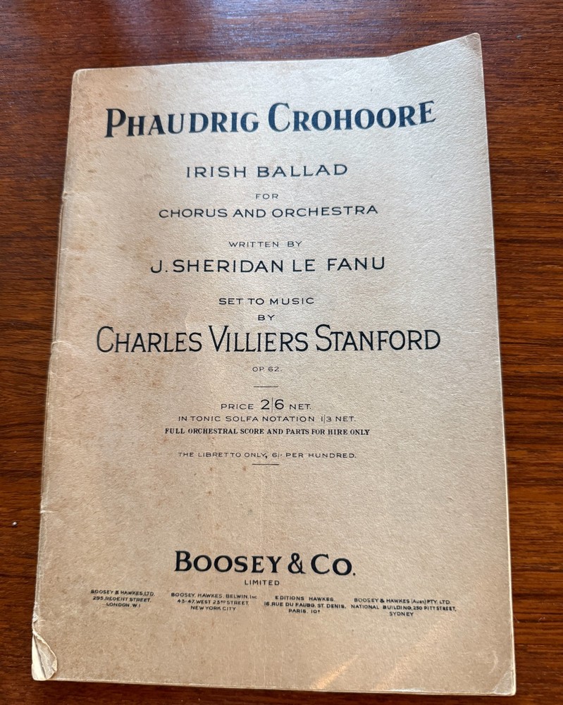 Antique sheet music Phaudrig Crohoore Irish Ballad Chorus Orchestra Boosey
