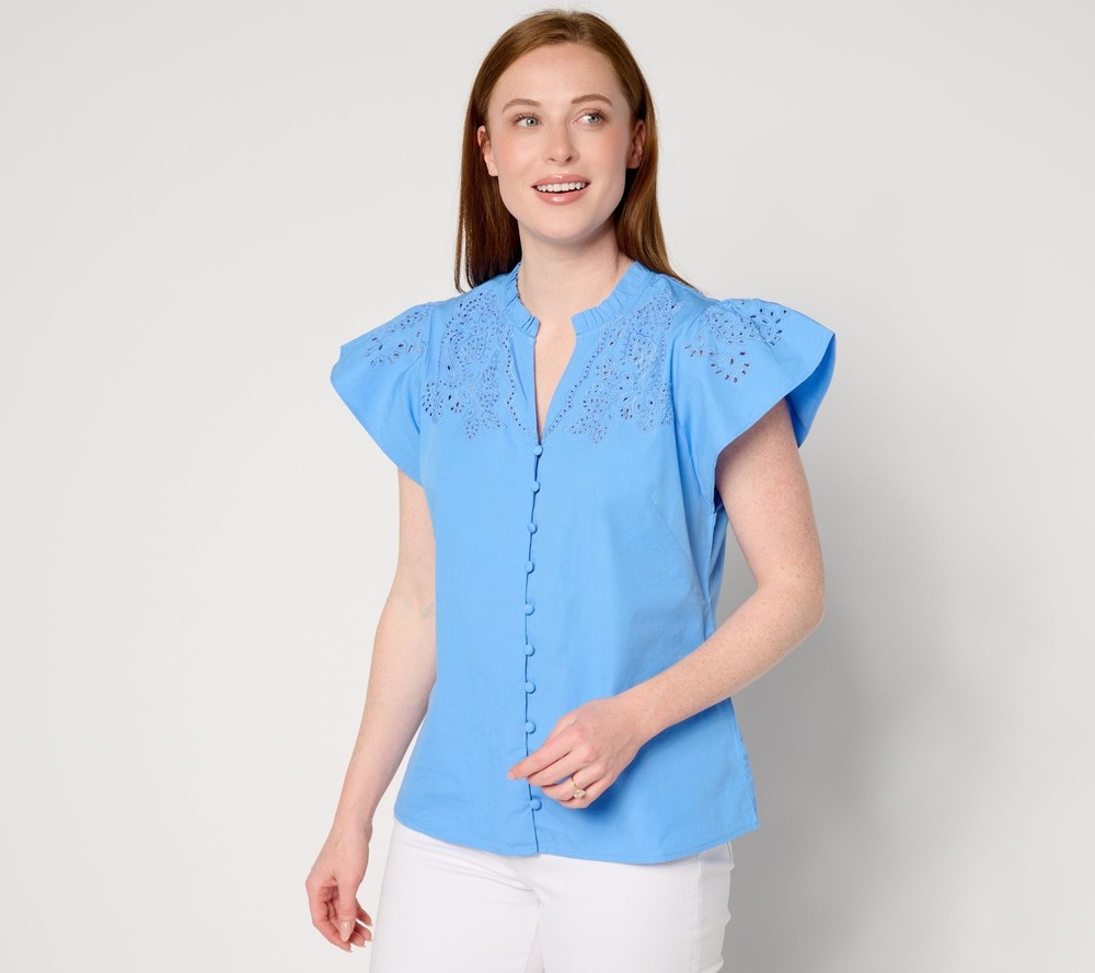 Isaac Mizrahi Live! Women's Top Sz L Split Neckline Embroidered Blue A644950