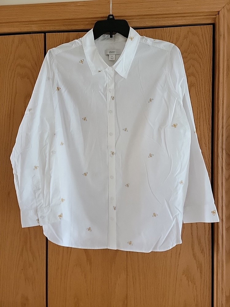 CJ Banks 2X Womens White Embroidered Bee Blouse Long Sleeve