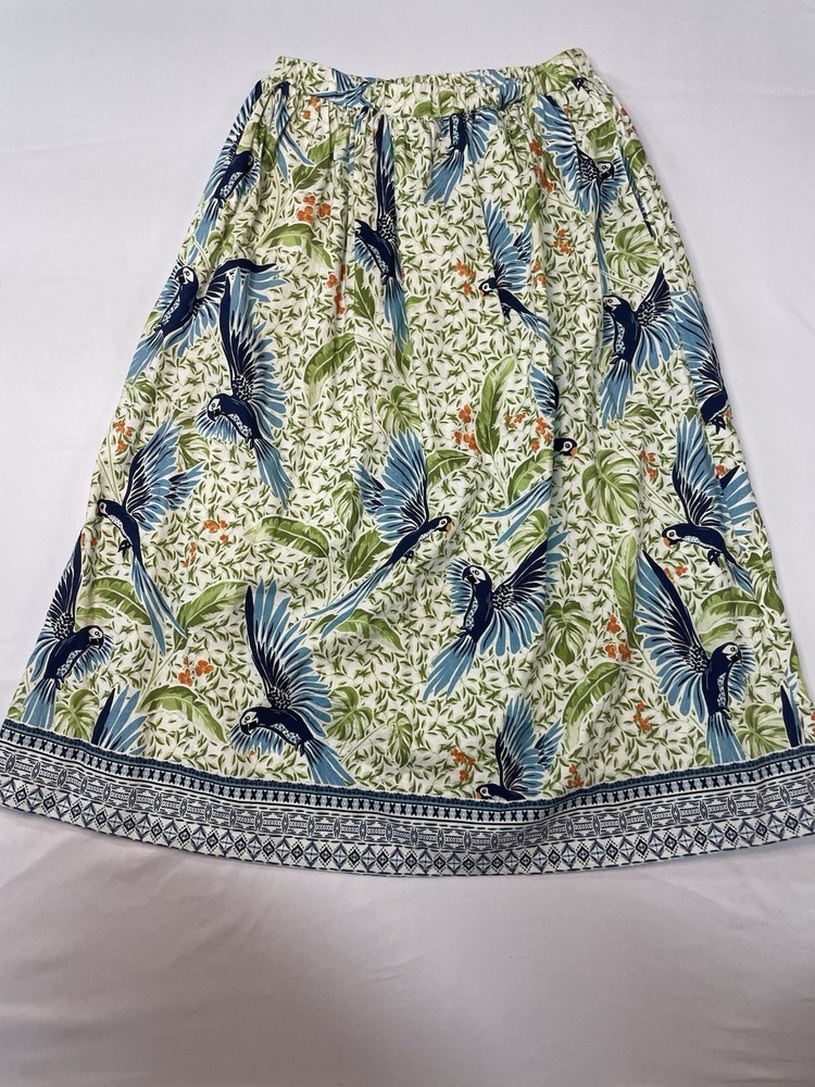 Alex Marie Tropical Bird Print Midi Skirt Linen Blend Elastic Waist S