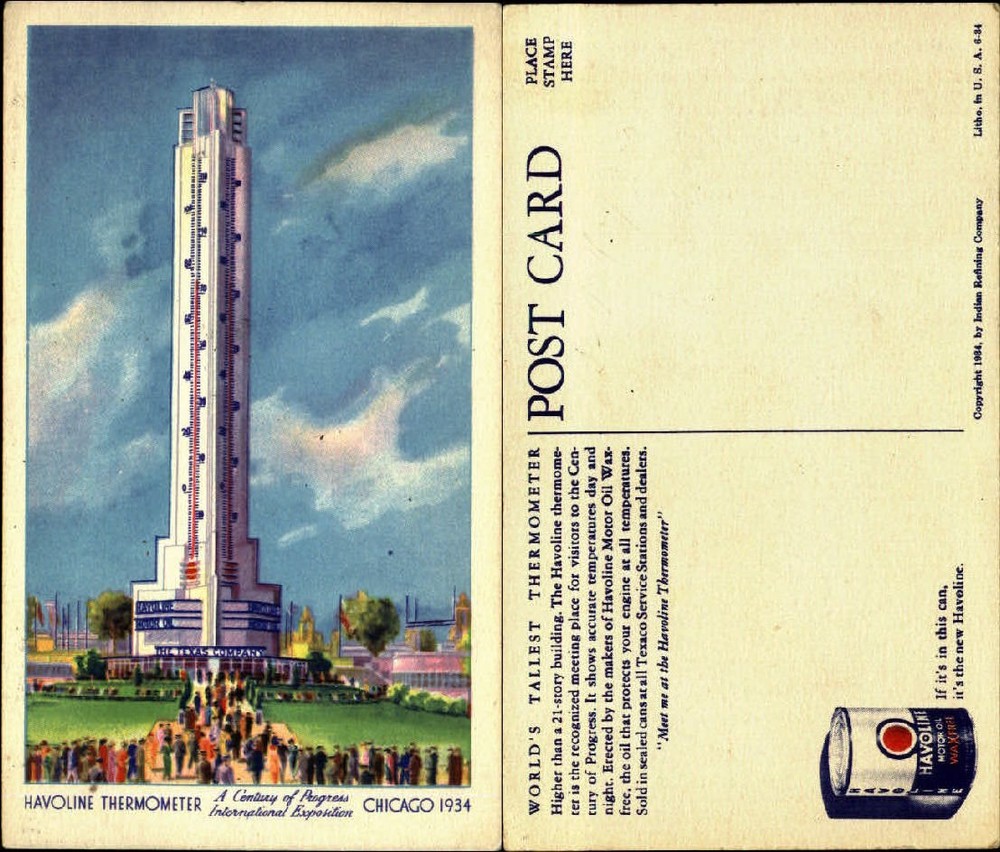 Havoline Thermometer~Chicago Century of Progress 1934~advertising postcard