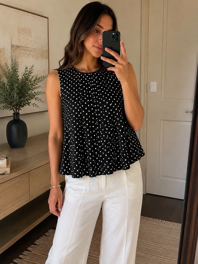 Michal Black White Polka Dot Pleated Sleeveless Blouse Pullover Size S