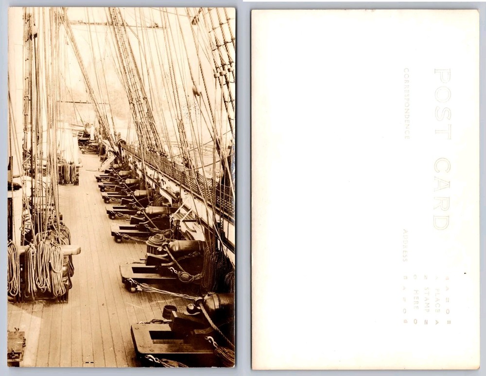 RPPC Sailing Ship Deck Cannons Rigging Nautical Maritime Scene Postcard