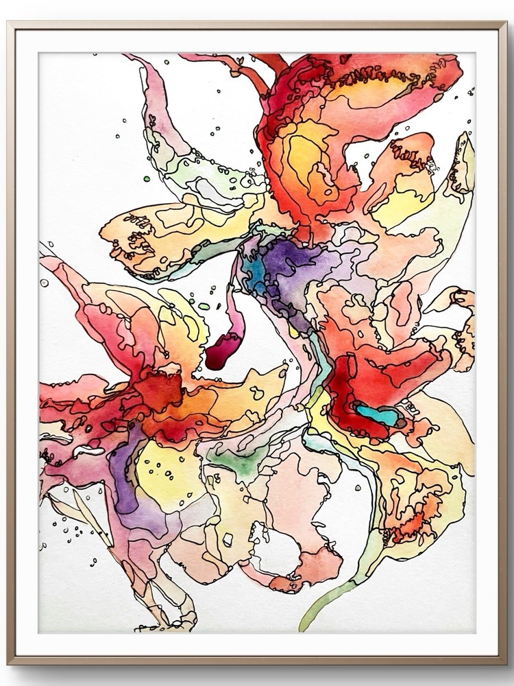 TITA PAINTZ Abstract Watercolor Flowers Ink Hand Painted Art 9x12 Home Decor