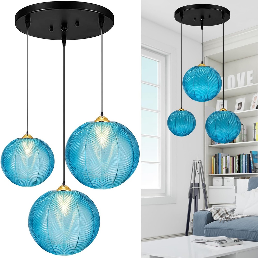 3 in 1 Large Glass Pendant Light Fixtures, Blue E26 E27 Glass Chandelier Mid ...