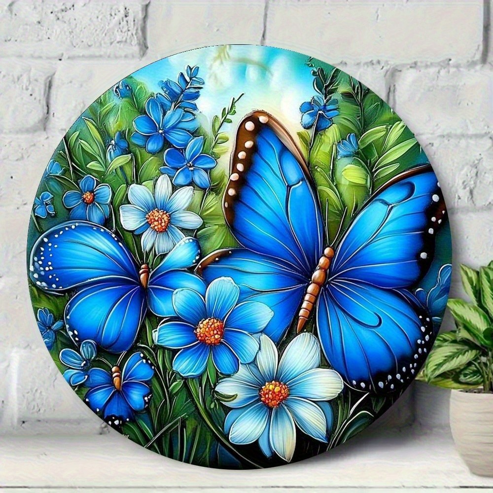Blue Flower Butterfly Round Art - 8