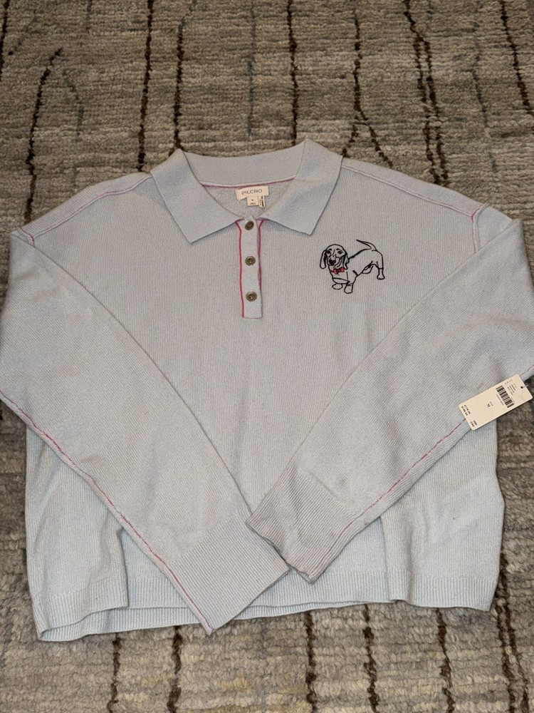 Anthropologie PILCRO The Jensen Cashmere Crop Polo Sweater Soft Sea Dog medium!