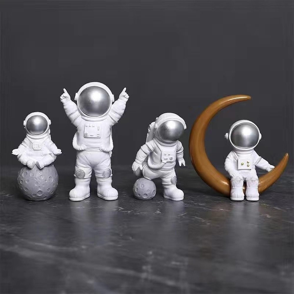 4 Pcs Silver White Astronaut Statues Set, Spaceman Sculpture Figurines