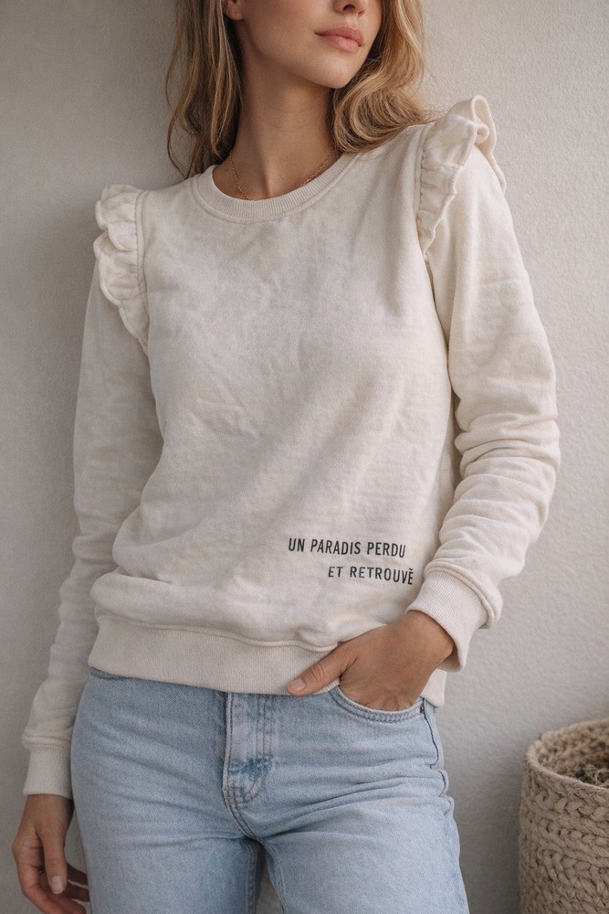 Clare V Sweatshirt XS Cream Ruffle Shoulder French Graphic Casual Cozy
